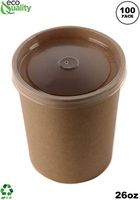 [100 Pack] 26 oz Disposable Kraft Paper Soup Containers with Plastic LIDS - Pint Ice Cream Containers, Frozen Yogurt Cups, Restaurant, Microwavable, Take Out, Food Storage, Recyclable