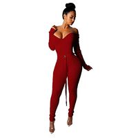 Fashion Women Sexy Slash Neck Long Sleeve Ribbed One Piece Overall Autumn Winter Sashes Bodycon Romper(Red,L)