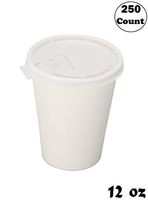 EcoQuality Durable Disposable Paper Cups & Flat Lids for Hot/Cold Drink, Coffee, Tea, Cocoa, Travel - Medium 12 Ounce Cups, 250 Count Cups & 250 White Flat Lids - White