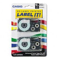 Casioamp;reg; Tape Cassettes for KL Label Makers, 12mm x 26ft, Black on White, 2 per Pack