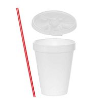 (100 Sets) 12 oz White Foam Cups with Lift'n'Lock Lids and BONUS Stirrers, Disposable Foam Drink Cups, To Go Coffee Cups, Insulated Foam Cups for Hot/Cold Drinks by Tezzorio