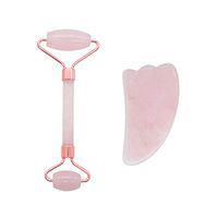 Ujuuu Natural Pink Quartz Massgae Tool Set, Including Facial Massager Roller Tool and Body Gua Sha Board Therapy Tool, Pack of 2