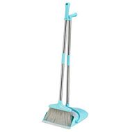 Broom and Dustpan Set Outdoor or Indoor Broom with Dust Pan 3 Foot Mop Angle Heavy Push Broom for Kids Garden Pet Dog Hair Wood Floors Sweeping Kitchen House (blue)