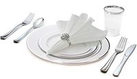 " OCCASIONS" 360 pcs/40 Guest-Full Tableware Set-Wedding Disposable Plastic Plates Silverware, Silver Rim Tumblers & Linen Feel Napkins/Metal Napkin Rings (Combo D, White & Silver Rim)