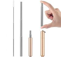 MBODM Telescopic Reusable Straws Portable Stainless Steel Metal Drinking Straw Collapsible Straw with Case Cleaning Brush Keychain (Gold)