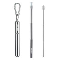 Collapsible Reusable Straws,Portable Telescopic Stainless Steel Metal Drinking Foldable Straw with Silver Travel Case & Cleaning Brush & Keychain & Silicon, silicone Tips for Adults and Kids ((Silver)