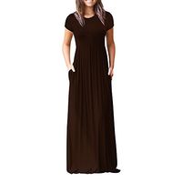 iLUGU Summer Casual Maxi Dresses for Women Short Sleeve O Neck Solid Color T Shirt Dress Floor Length Party Dresses Coffee