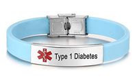 JF.JEWELRY Pre-Engraved Type 1 Diabetes Medical Alert ID Bracelet for Men Women Silicone Band Adjustable-Cyan