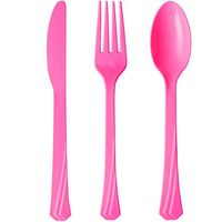 Tiger Chef Plastic Cutlery Set Heavy Duty Colored Plastic Silverware - Includes Forks, Teaspoons, and Knives (96, Hot Pink)
