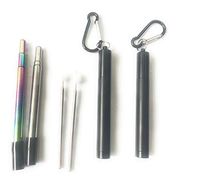 Eskyhouse Portable Reusable Drinking Straws - 2 Black Telescopic Stainless Steel Metal Straws with Rubber Tips,Aluminum Carry Cases, Cleaning Brushes