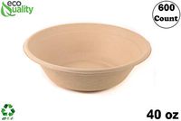 600 Count - EcoQuality 40oz Round Disposable Bowls Natural Sugarcane Bagasse Bamboo Fibers Sturdy Compostable Eco Friendly Environmental Paper Plastic Bowl Alternative Tree Free