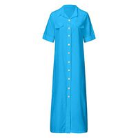 HNTDG Women's Fashion Casual Half Sleeve Solid Button Down Linen Loose Shirt Maxi Long Dress Sky Blue