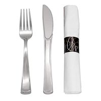 Party Essentials N501625 Pre Rolled Napkins with Disposable Heavy Duty Silver Cutlery Set, 300 Rolls (300 Roll-ups of Forks/Knives/ 3-ply Napkins)