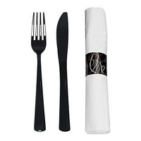 Party Essentials N501632 Pre Rolled Napkins with Disposable Heavy Duty Black Cutlery Set, 300 Rolls (300 Roll-ups of Forks/Knives/ 3-ply Napkins)