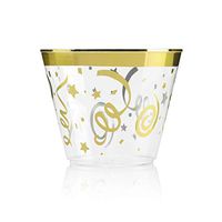 100 "CELEBRATION" Gold Rimmed Plastic Cups ~ 9 Oz Cup Tumblers ~ Elegant Festive Party Cups ~ Fancy Disposable Wedding Cups by F-32 Signature Collection