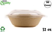 50 Count - EcoQuality 32oz Round Disposable Bowls with Dome Lids Natural Sugarcane Bagasse Bamboo Fibers Sturdy Compostable Eco Friendly Environmental Paper Plastic Bowl Alternative Tree Free