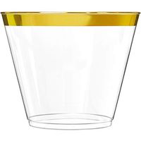 100 Gold Plastic Cups | 9 oz | Hard Disposable Cups | Plastic Wine Cups | Plastic Cocktail Glasses | Plastic Drinking Cups | Bulk Party Cups | Wedding Tumblers | Clear Plastic Cups With Gold Rim