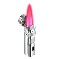 Torch Lighter Quadruple 4 Jet Flame Cigar Lighter with Cigar Punch - Windproof Flame Adjustable Butane Refillable Cigarette Torch for Men (Without Gas)