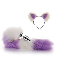2pcs Metal Fox/Dog Tail Plug +Plush Ear Cat Women's Headwear Pop-Up Game Halloween Party Toy Love Role-Playing Gift Clothing Set（ Purple and White）-S