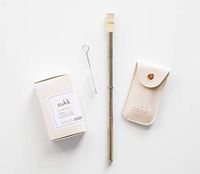 Stainless Steel Straw Extendable Reusable Food Grade. Vegan Leather Carry Case, BPA Free Silicone Tip, Easy Cleaning Brush Included (Mother of Pearl)