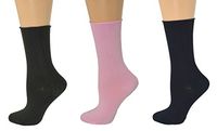 Sierra Socks Health Diabetic Arthritic Bamboo Roll Top Crew Women's 3 Pair Pack (Fits Shoe Size 6-9, Socks 9-11, Navy/Brown/Pink)