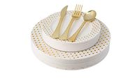 100 Piece Elegant Gold Disposable Plastic Plates & Plastic silverware Set Heavyweight Place Setting | Service For 20 Guests Includes 20 Dinner Plates 20 Dessert Plates 20 Forks 20 Spoons 20 Knives