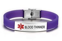 JF.JEWELRY Pre-Engraved Blood Thinner Medical Alert ID Bracelet for Men Women Silicone Band Adjustable-Purple