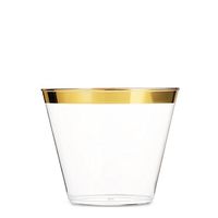 100 Gold Plastic Clear Cup 9oz | Gold Rimmed Cups | Wedding Bachelorette Party Disposable Cup (Gold) | Disposable Fancy Party Wedding Plastic Cups with Gold Rim