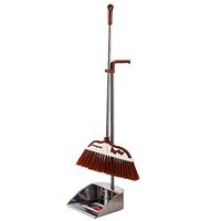 Dustpan and Broom—Stainless Steel Rods,Long Handle Dustpan and Bristle Brush Set, Lobby Dust Pan Stand Upright Up Broom,for Home Floor Cleaning Use,Brown
