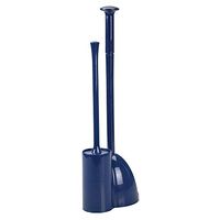 mDesign Modern Slim Compact Freestanding Plastic Toilet Bowl Brush Cleaner and Plunger Combo Set Kit with Holder Caddy for Bathroom Storage and Organization - Covered Lid Brush - Navy Blue