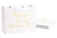 Bridesmaid Proposal Gift Bags, 6-Pack Gold Foil Text, Perfect for Will You Be My Bridesmaid, Maid of Honor Presents, White, 9 x 11 x 5 Inches