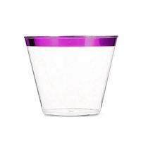 100 9oz Disposable Purple Rim Custom Design Old Fashion Tumbler Fancy Plastic Cups Perfect for Wedding Holiday Bachelor Or Birthday Party Celebration BPA-Free