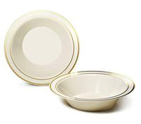 " OCCASIONS" 240 Bowls Pack, Heavyweight Disposable Wedding Party Plastic Bowls (14 oz Soup Bowl, Ivory & Gold Rim)