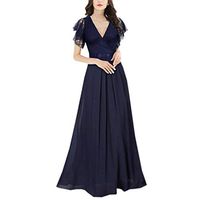 BXzhir Women Chiffon Patchwork V-Neck Cap Sleeve Bow Maxi Evening Party Dress Navy