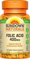 Sundown Naturals(ซันดาวน์ เนเจอรัล.) Folic Acid 400 mcg Vegetarian Formula Supports Heart & Cardiovascular Health Vitamin Supplement 100% Free Of 350 Tablets