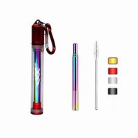Travel Straw, Stainless Steel Straws Drinking Reusable Telescopic with Cleaning Brush and Carabiner BPA Free for Travel Outdoor Household (Red, Stainless Steel rainbow)