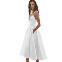 Spaghetti Strap Lace Dresses for Women - Summer Deep V-Neck Sexy Lace Panel Evening A-line Dress with Pocket