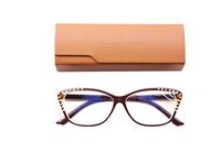 GENETIC VISION Ladies Cat Eye Stylish Reading Glasses Blue Light Blocking Rhinestones Computer Readers Spring Hinge for Women(Tea, 1.5 Strength)