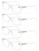 Women Reading Glasses 1.5 Clear Frame Cateye Ladies Readers with Comfort Spring Hinge Pattern Design Pouch Included 4 Pack