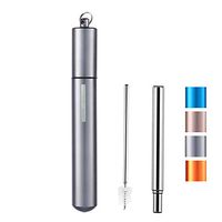 Moseason Portable Reusable Straws-Telescopic Stainless Steel Collapsible Drinking Straw with Aluminum Case & Cleaning Brush.Grey