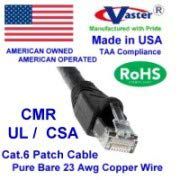 Made in USA, 3 Ft Cat.6 Gigabit Patch Cable, Black Color Cat6 High Performance Cat6 Patch Cable - UL CSA CMR and 100% Copper. 23Awg, 50u" Gold Plating