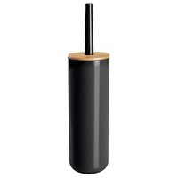 mDesign Compact Freestanding Plastic Toilet Bowl Brush and Holder for Bathroom Storage - Plastic and Bamboo - Sturdy, Deep Cleaning - Black/Natural Wood Finish