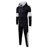 AmyDong Fashion Men's Long Sleeve Hooded Sweatshirt Turtleneck Patchwork Top Pants Sets Sport Suit Autumn Winter Tracksuit Black