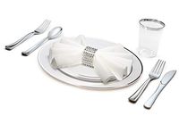 " OCCASIONS" 1080 pcs/120 Guest-Full Tableware Set-Wedding Disposable Plastic Plates, Silverware, Silver Rimmed Tumblers & Linen Feel Napkins w/napkin Rings(Combo C, White & Silver Rim)