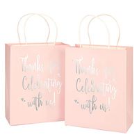LaRibbons Medium Size Gift Bags - Silver Foil"Thanks for celebrating with us" Pink Paper Bags with Handles for Wedding, Birthday, Baby Shower, Party Favors - 25 Pack - 8" x 4" x 10"