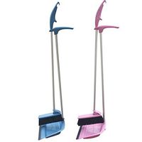 Coralpearl Upright Standing Dustpan and Brush Set Dust Pan Broom Combo Sweep Cleaning Tool Organizer with Long handle Rubber Lip for Lobby Kitchen Garden Garage Outdoors Indoor 36"(Blue+Pink)