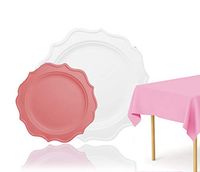 Tiger Chef 49-Pack Pink and White Color Round Scalloped Rim Disposable Plastic Plate Set for 24 Guests Includes 24 10-Inch Dinner Plates, 24 8-Inch Salad Plates, 1 Tablecloth - BPA-Free