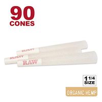 RAW 90 Organic 1 1/4 Hemp Cones - W Gallery Box - 84mm 1.25 Pre Rolled Cones, 26mm Filter Tips, Pure Natural Light Tan Unbleached Unrefined Rolling Papers, Bulk Pack Bundle, Compare Elements 83mm