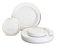 " OCCASIONS" 50 Plates Pack, Heavyweight Premium Disposable Plastic Plates Set (25 x 10.5'' Dinner + 25 x 6.25'' Cake plates) (White & Gold Rim)