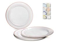 " OCCASIONS" 120 Plates Pack, Heavyweight Disposable Wedding Party Plastic Plates (9" Luncheon Plate, White & Rose Gold Rim)